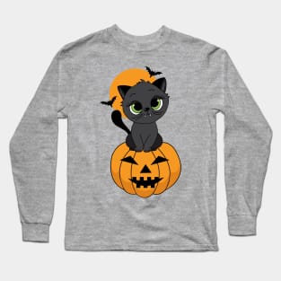 Cute Halloween Vampire Cat on Pumpkin Long Sleeve T-Shirt